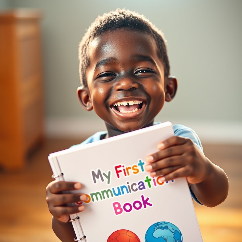 An excited 4-year-old black South African boy joyfully holding an A4 book bound along the short side with wire
