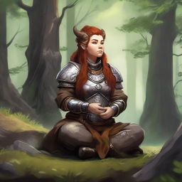 female dwarven druid meditates amid nature wearing her heavy armor while controlling energy around her