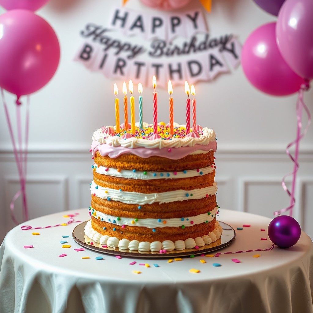 A beautifully decorated birthday cake sitting on an elegant table, adorned with colorful icing, sprinkles, and candles