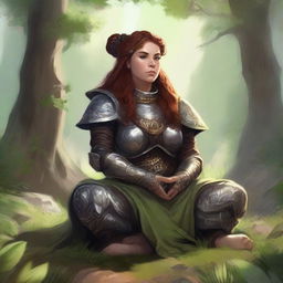 female dwarven druid meditates amid nature wearing her heavy armor while controlling energy around her