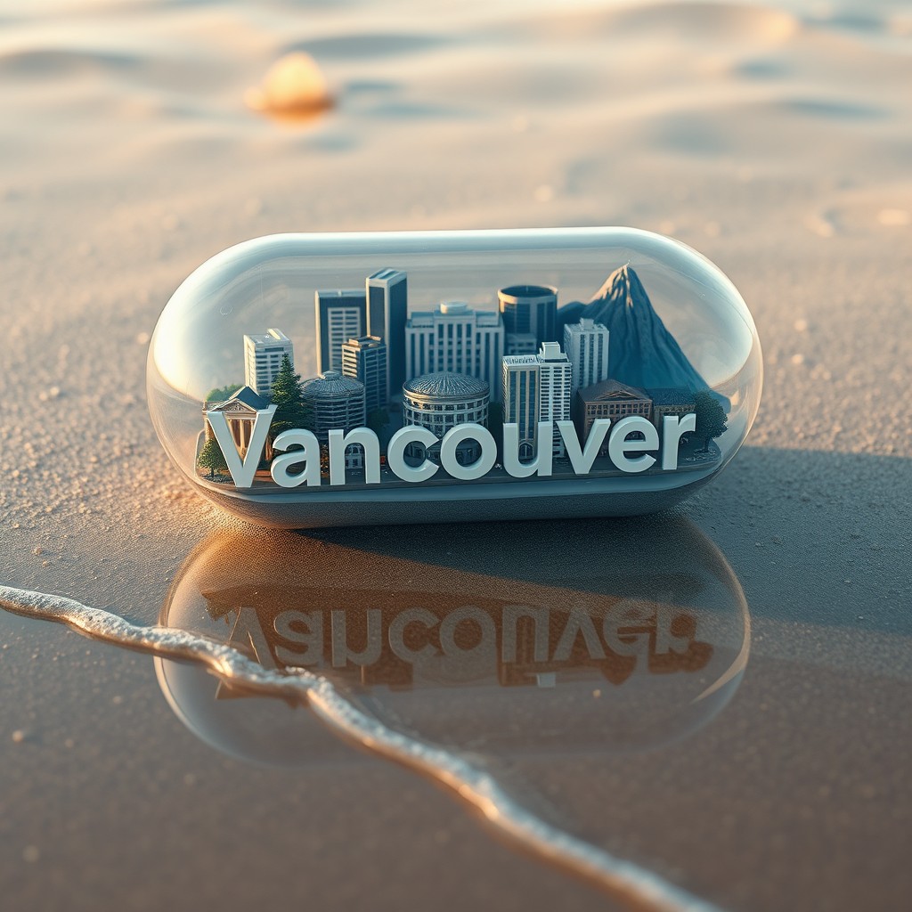 A photorealistic depiction of a miniature city inside a transparent capsule, resting on a serene sandy beach