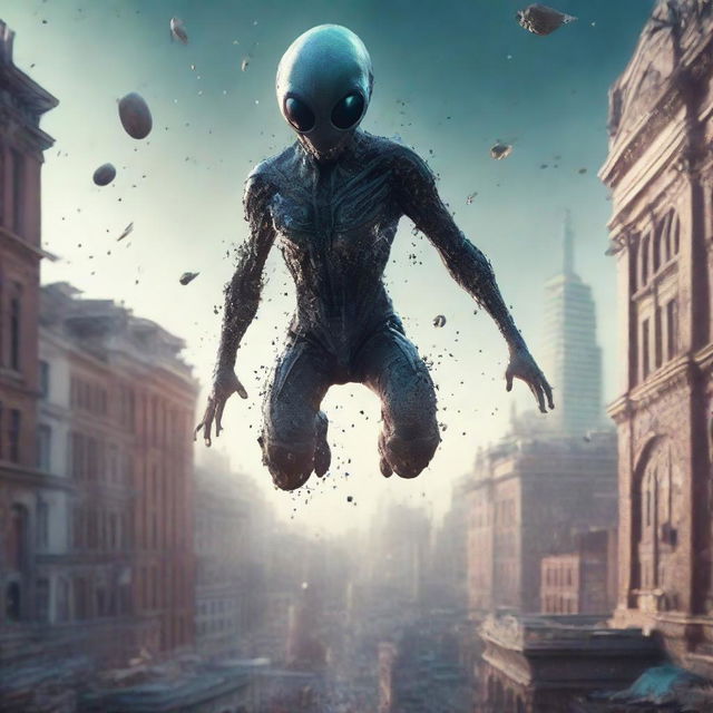 A photorealistic illustration of an alien jumping from rooftop to rooftop in a city, captured in the ultra-detail and hyperornate style of Irakli Nadar and Reylia Slaby. The city scene is strewn with particles, and the image featuring bokeh effects.