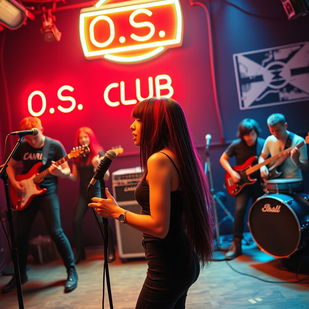 A realistic rock band performance scene featuring a girl with long black hair passionately singing at the front of the stage