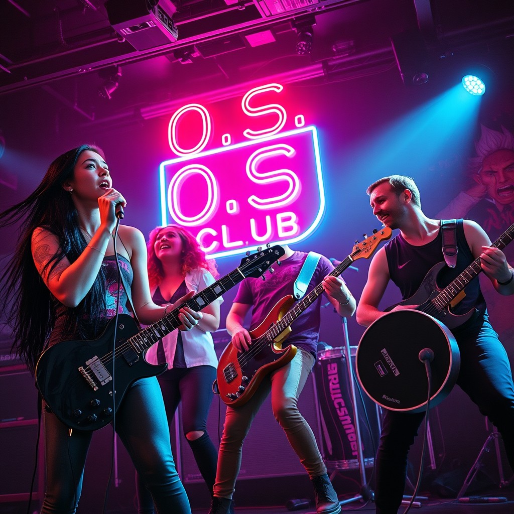 A dynamic rock band performing on stage, featuring a girl with long black hair singing at the top of her lungs, a girl in the choir with vibrant red hair, a male guitarist playing an electric guitar, a male bassist with a focused expression, and a male drummer energetically playing the drums