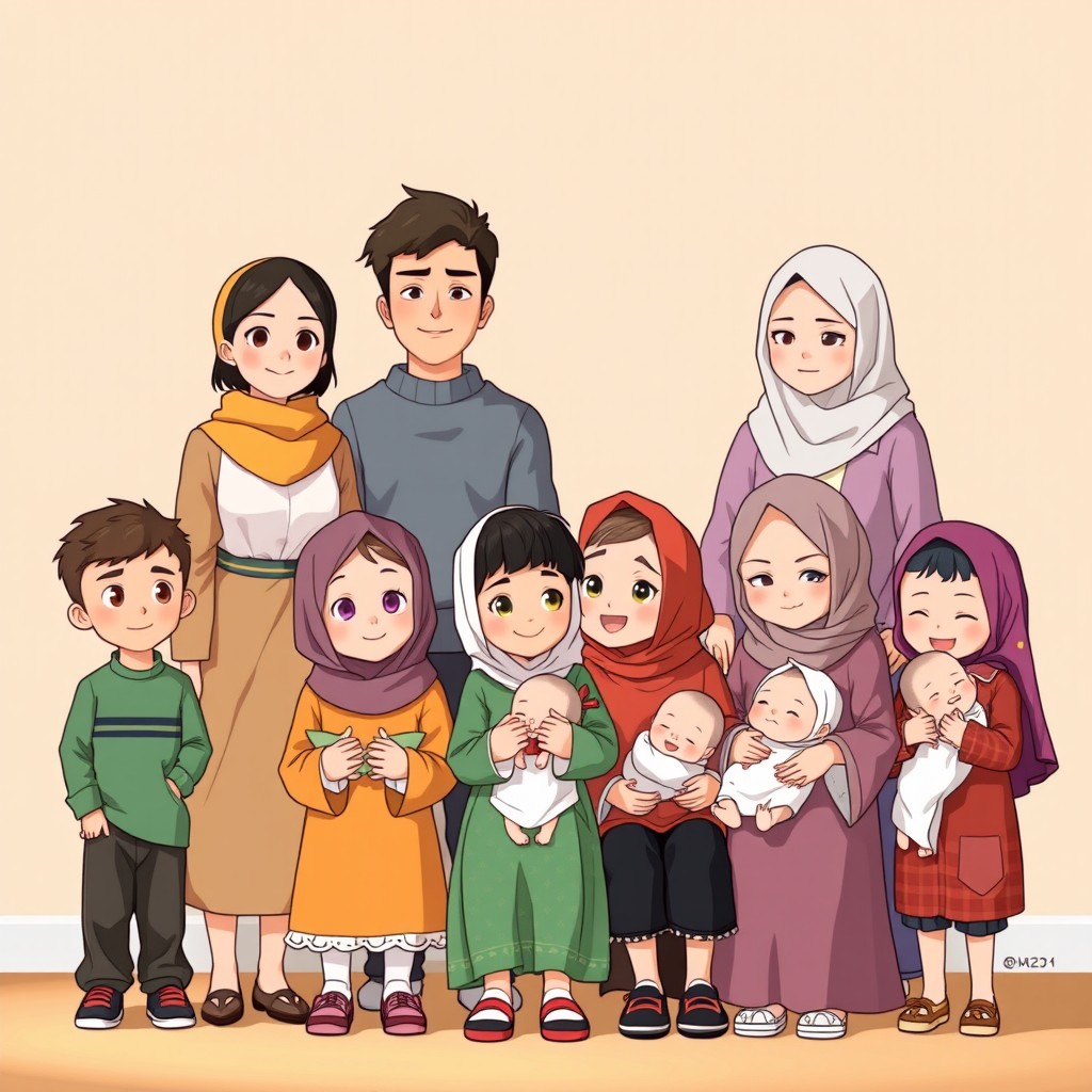 A warm family portrait styled in Ghibli animation, featuring a joyful gathering of 12 children: 6 boys and 6 girls
