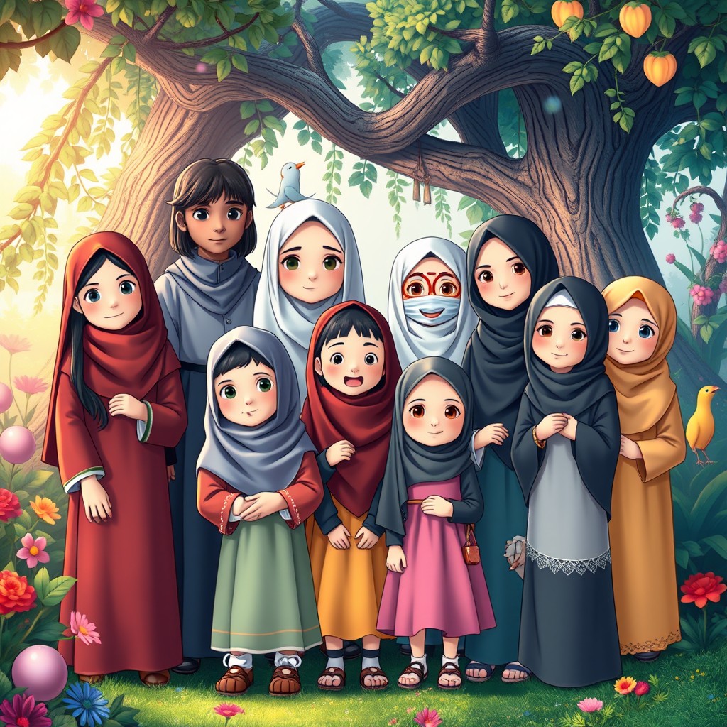 A heartwarming family photo featuring a diverse group of 12 children, all with unique characteristics, in a whimsical Ghibli-style setting