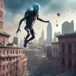 A photorealistic illustration of an alien jumping from rooftop to rooftop in a city, captured in the ultra-detail and hyperornate style of Irakli Nadar and Reylia Slaby. The city scene is strewn with particles, and the image featuring bokeh effects.