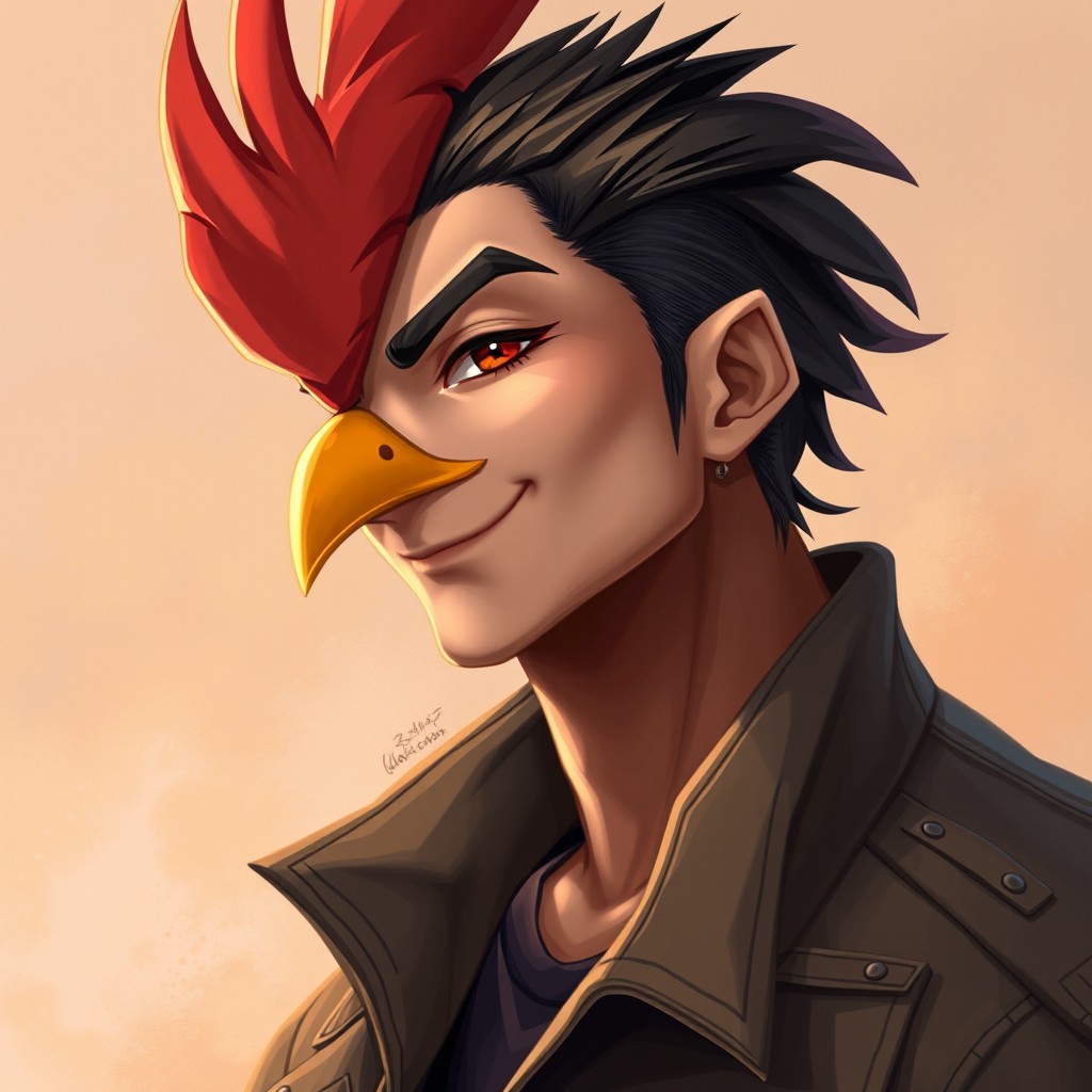 A semi-realistic portrayal of a handsome demi-human character with chicken features, set against a vibrant background that highlights his unique characteristics