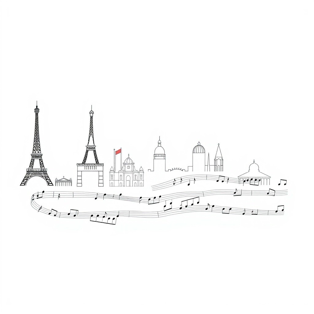 A delicate illustration featuring the silhouettes of iconic European cities including Paris, Germany (Berlin), Italy (Rome), Netherlands (Amsterdam), and Geneva in a linear style