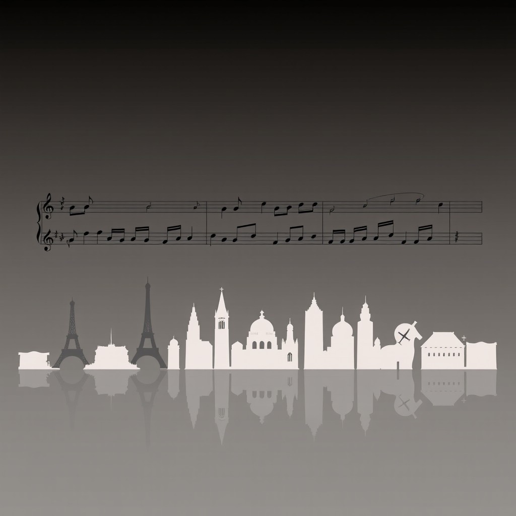 A delicate and artistic visual representation featuring a line of musical notation from a cello piece, showing real musical notes that were played during a European tour