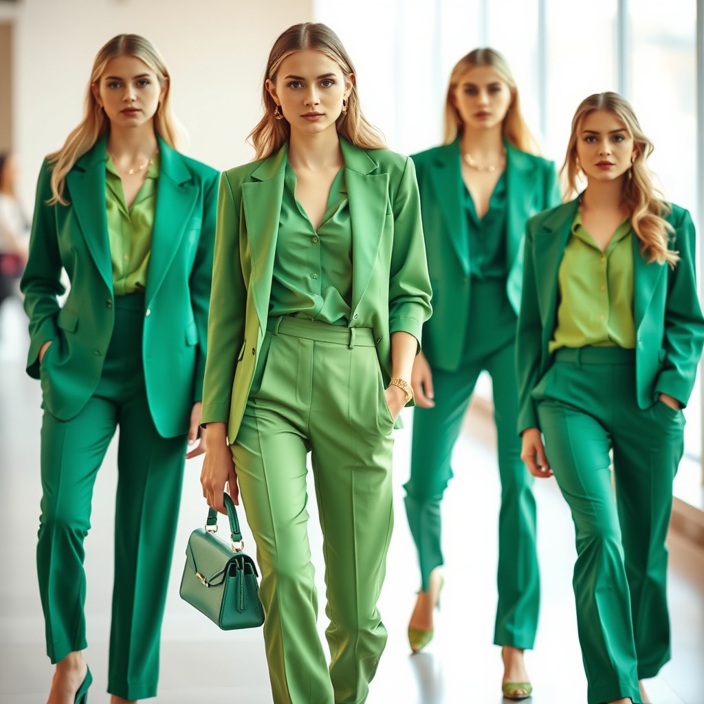 A fashionable outfit featuring vibrant green clothes, showcasing a modern and stylish design