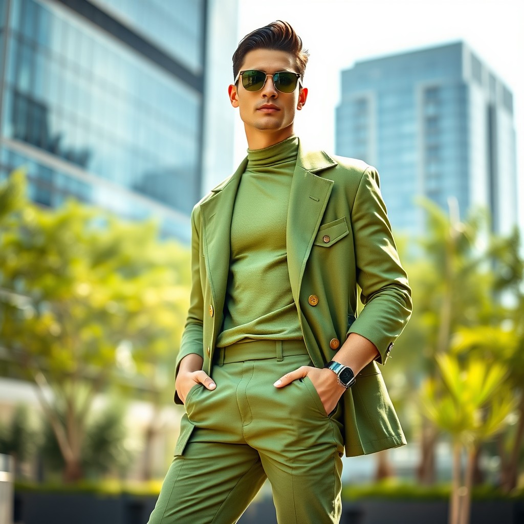 A stylish adult model wearing a fashionable green outfit, featuring a sleek green jacket with gold buttons, a fitted green shirt underneath, and trendy green pants