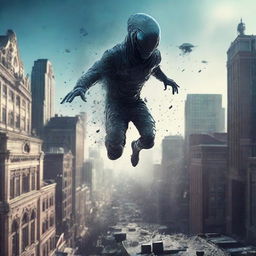 A photorealistic illustration of an alien jumping from rooftop to rooftop in a city, captured in the ultra-detail and hyperornate style of Irakli Nadar and Reylia Slaby. The city scene is strewn with particles, and the image featuring bokeh effects.