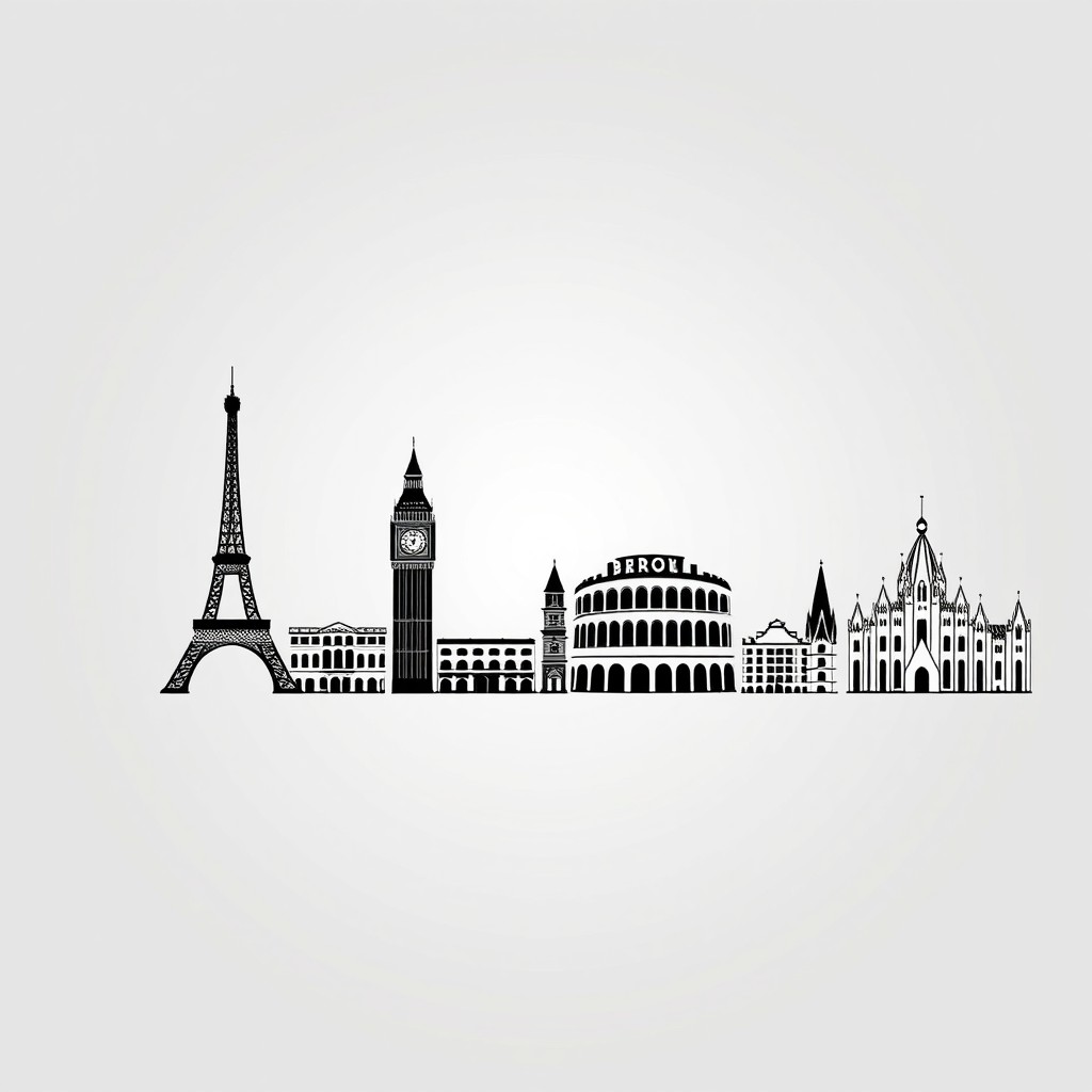 A decorative line featuring a series of iconic landmarks from various European cities, such as the Eiffel Tower from Paris, Big Ben from London, the Colosseum from Rome, and the Sagrada Familia from Barcelona, all designed in a minimalistic and monochrome style
