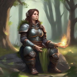 female dwarven druid meditates amid nature wearing her heavy armor while controlling energy around her