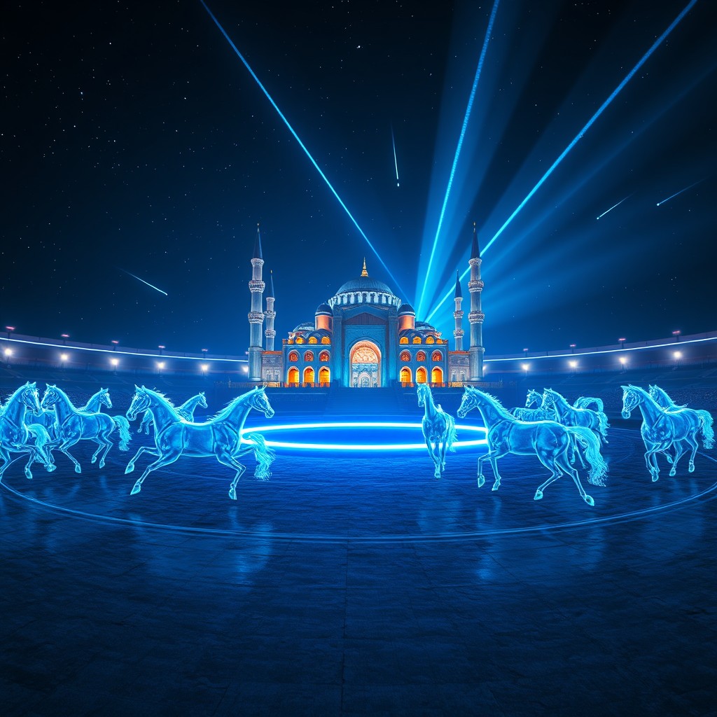 A wide futuristic horse arena at night, featuring glowing transparent horses gracefully running in circles