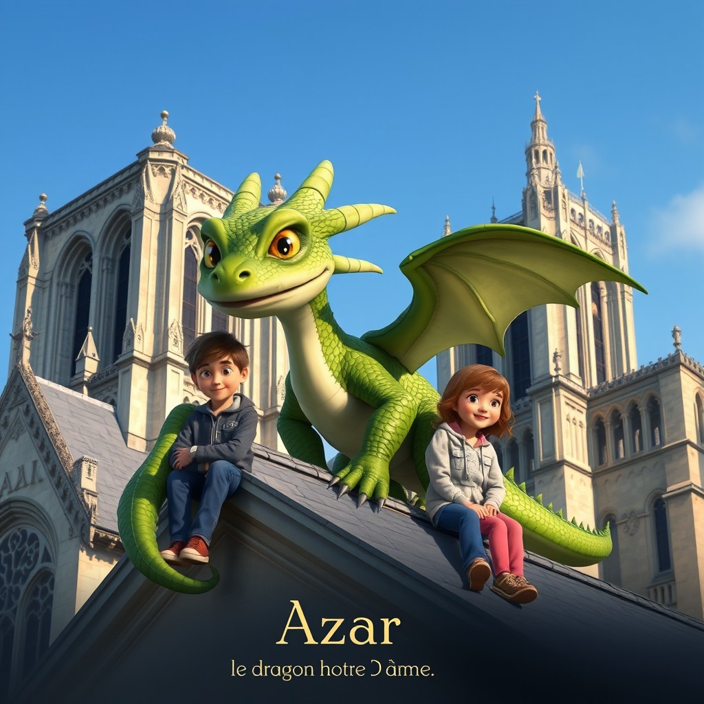 A young dragon perched on the roof of Notre Dame Cathedral in Paris, with green scales, large golden eyes, and a friendly appearance