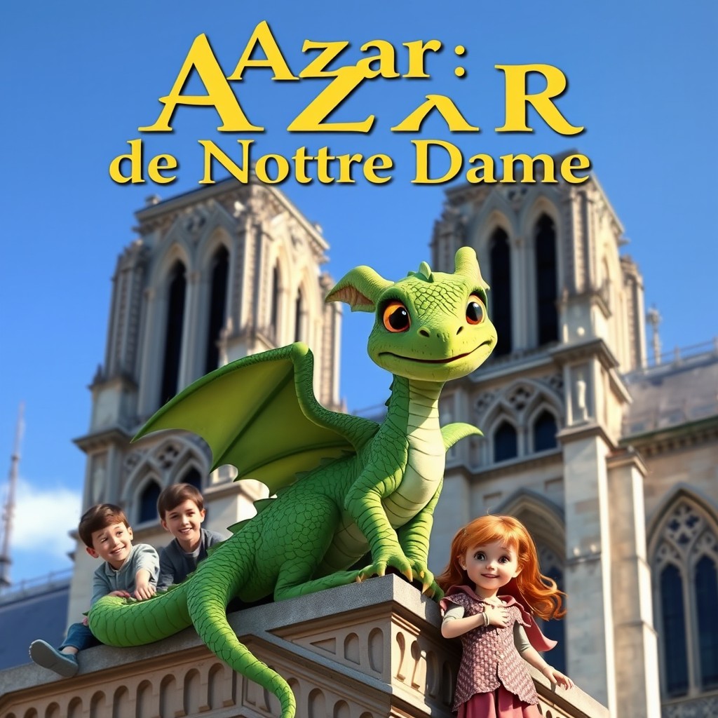 A young, friendly-looking green dragon with scales perched on the roof of Notre Dame Cathedral in Paris