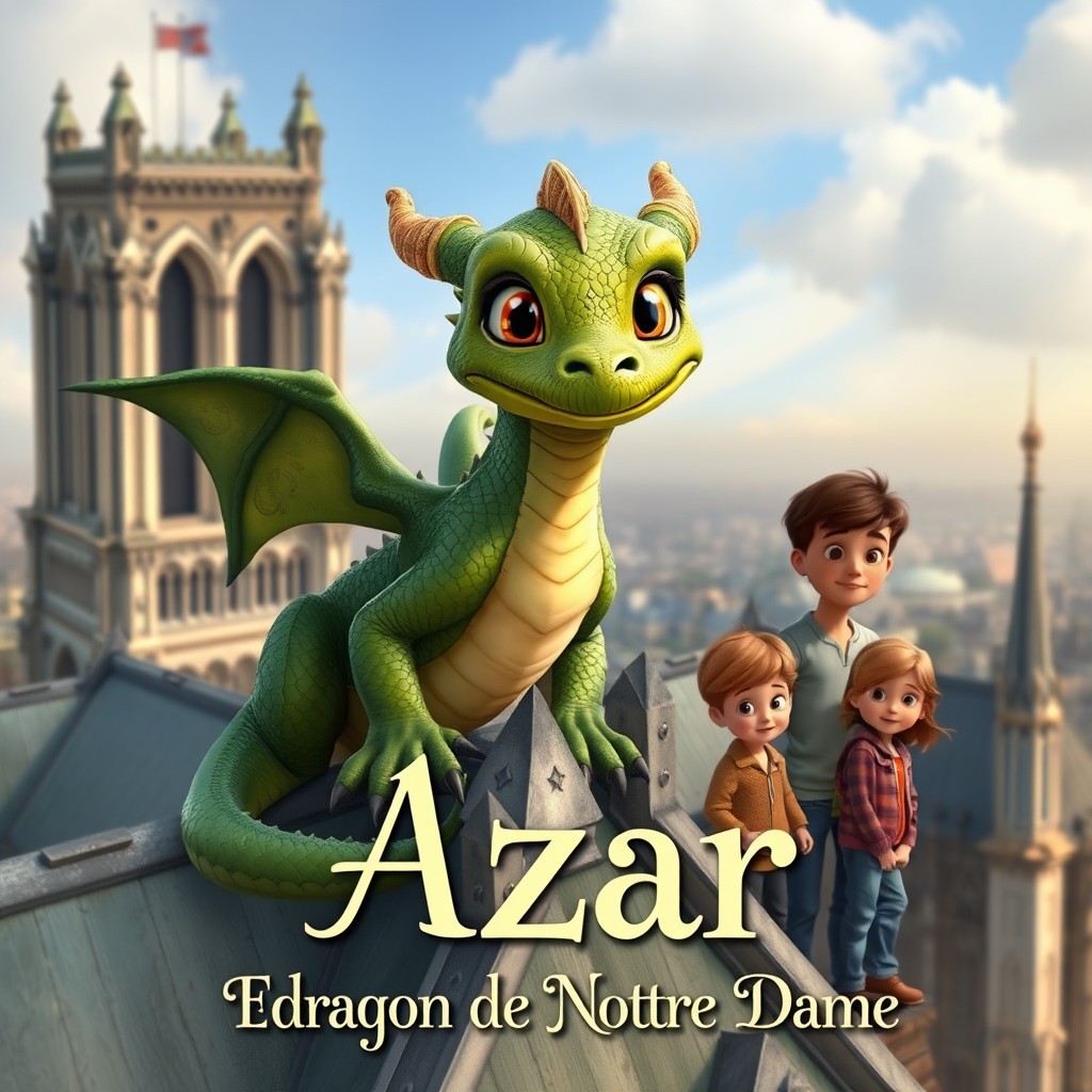 A young dragon perched on the rooftop of Notre Dame Cathedral in Paris