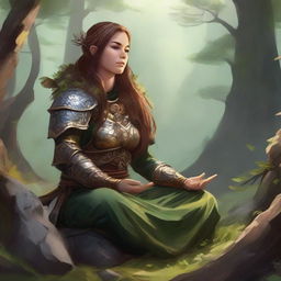 female dwarven druid meditates amid nature wearing her heavy armor while controlling energy around her