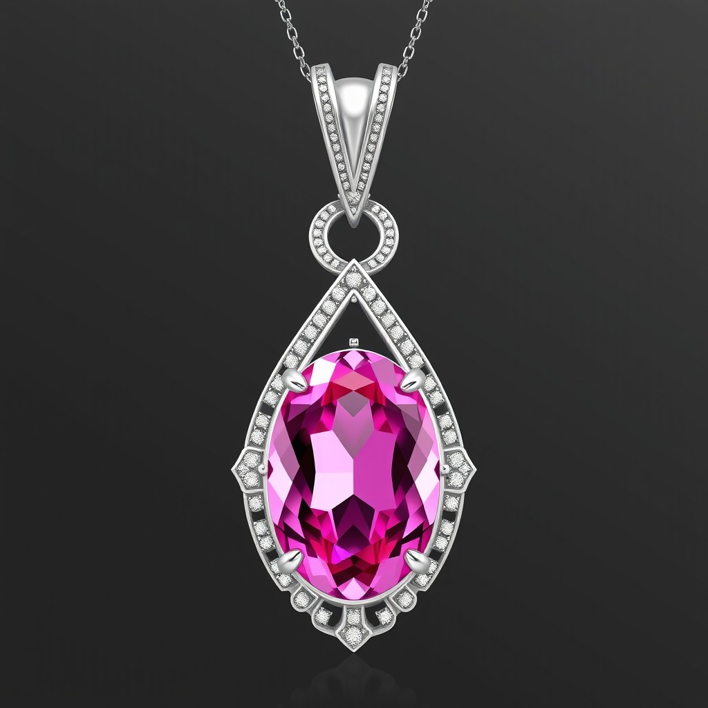 A high-resolution, realistic 3D rendering of an elegant pendant featuring a large, oval-shaped, faceted deep pink gemstone set in the center