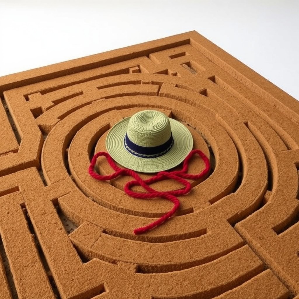 A square-shaped labyrinth made of earthy tones, featuring paths and walls that blend with natural textures