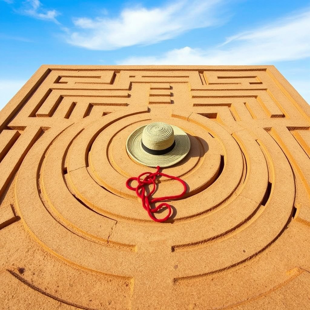 A square-shaped labyrinth with earthy tones, featuring intricate pathways and a central point containing a traditional montera hat