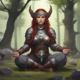 female dwarven druid meditates amid nature wearing her heavy armor while controlling energy around her