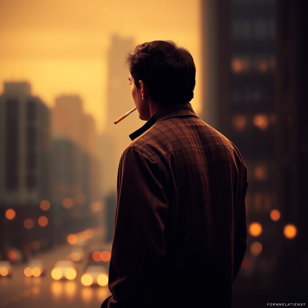 A movie poster depicting a tall brunette man standing with his back to the viewer, holding a cigarette in his hand