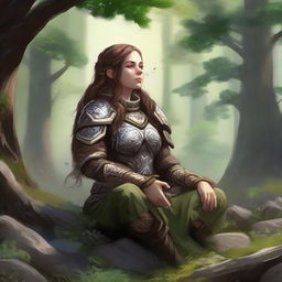 female dwarven druid meditates amid nature wearing her heavy armor while controlling energy around her