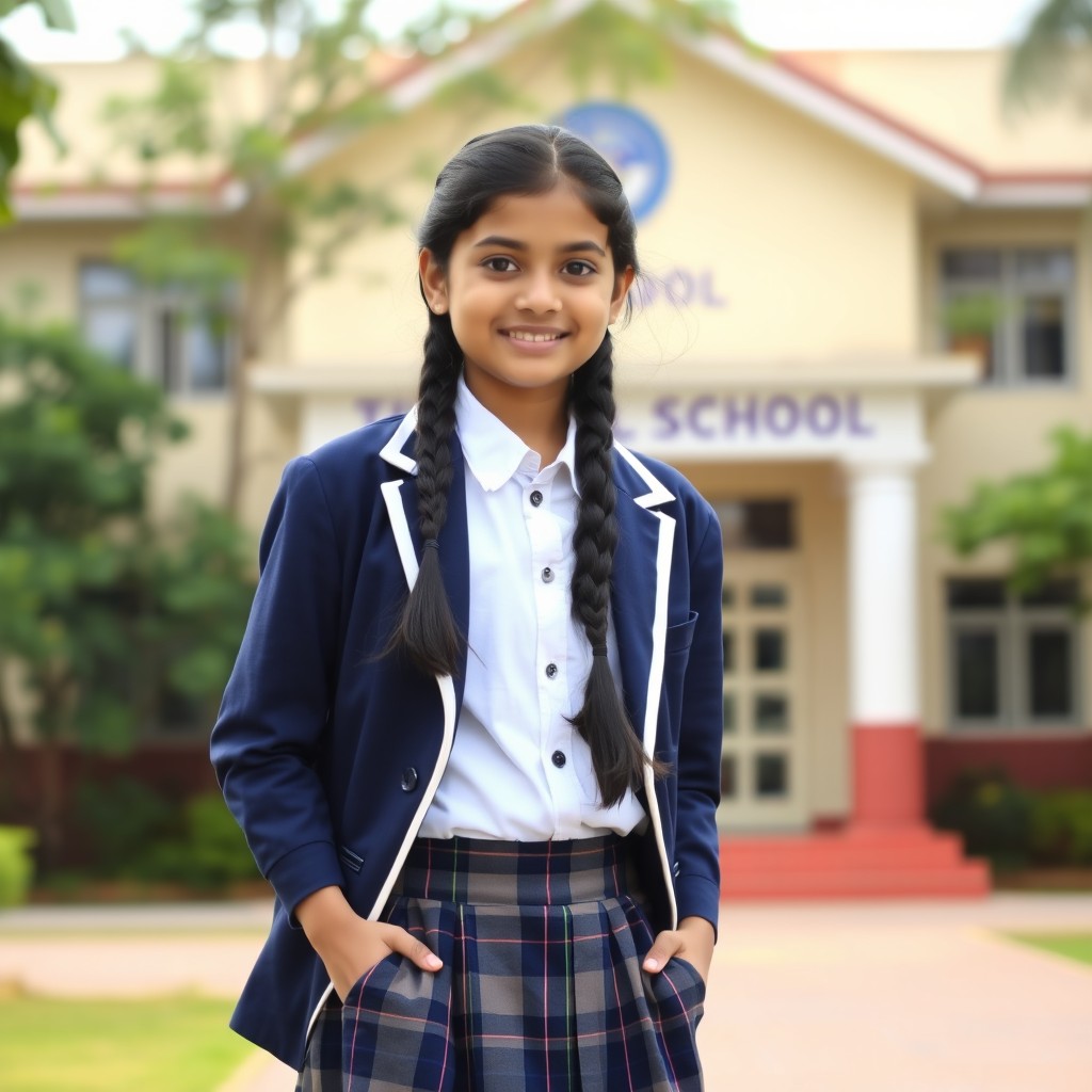 A young Indian teenage girl in a traditional school uniform, which includes a navy blue school blazer, white blouse, and plaid skirt, standing proudly in front of her school