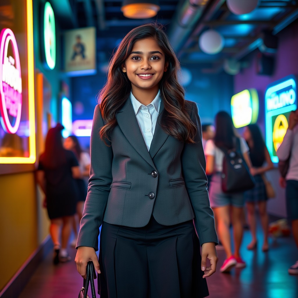A young Indian teenage girl, around 15 years old, dressed in a stylish yet respectful school uniform consisting of a fitted blazer and a knee-length skirt, walking towards a vibrant and colorful nightclub with neon lights