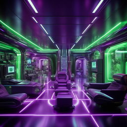 A high-tech modern mansion, testament to an evil billionaire genius. The chilling blues, eerie greens, and intense purples blend into smart design lines. Futuristic gadgets are seamlessly integrated, symbolizing his enormous intellect. The atmosphere vibrates with tangible malevolence and unrestrained rage.