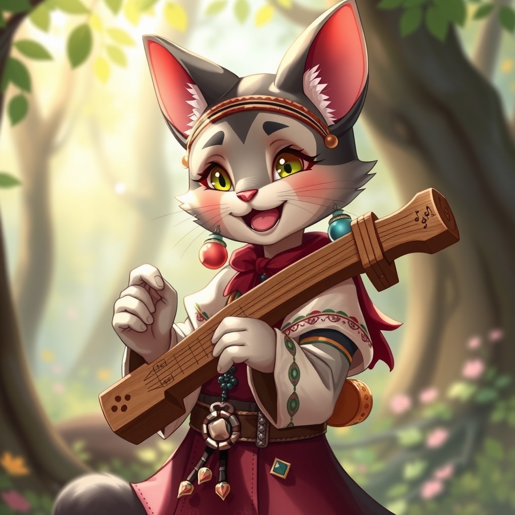 A cute female Tabaxi bard with distinctive tabby cat features, including fluffy ears, a cheerful expression, and a playful stance