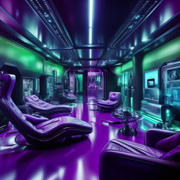 A high-tech modern mansion, testament to an evil billionaire genius. The chilling blues, eerie greens, and intense purples blend into smart design lines. Futuristic gadgets are seamlessly integrated, symbolizing his enormous intellect. The atmosphere vibrates with tangible malevolence and unrestrained rage.