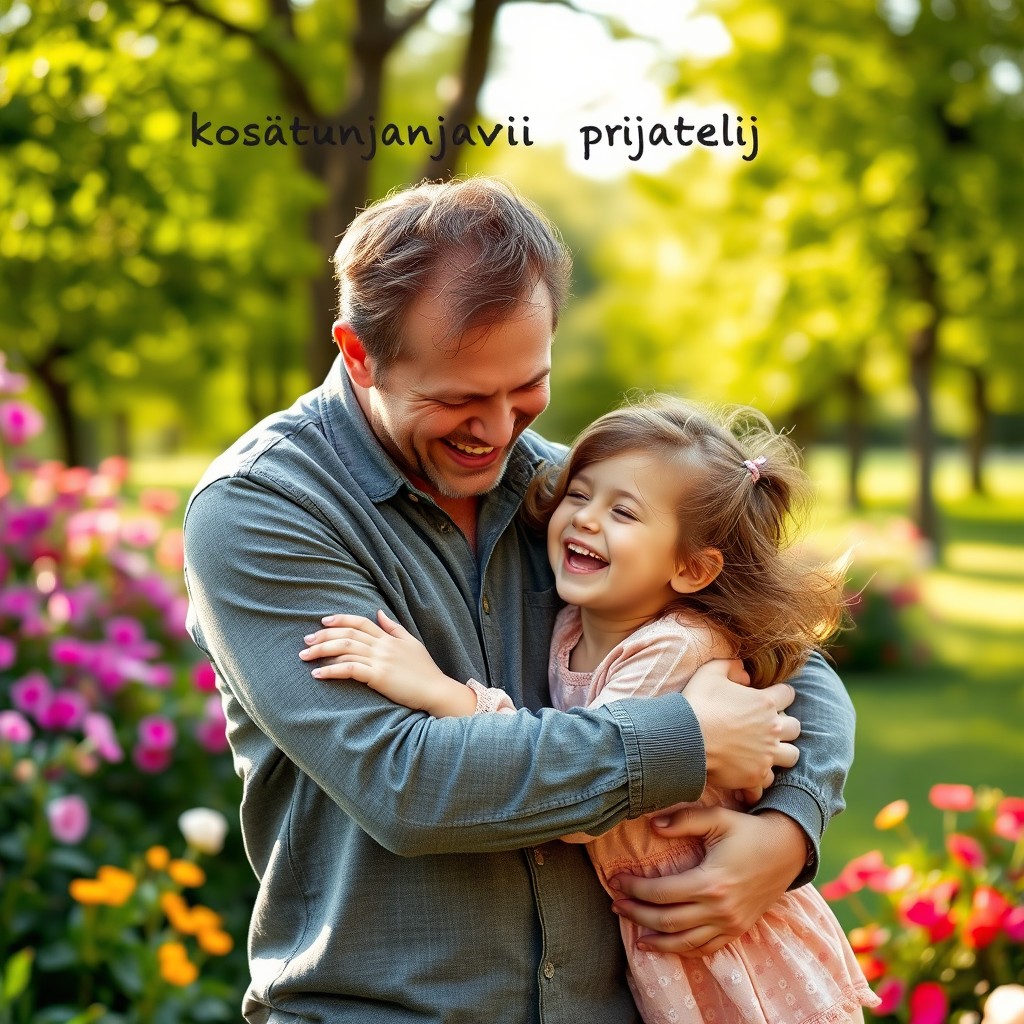 A heartwarming scene depicting a loving, playful father with his young daughter, both sharing a warm embrace amidst a lush green park