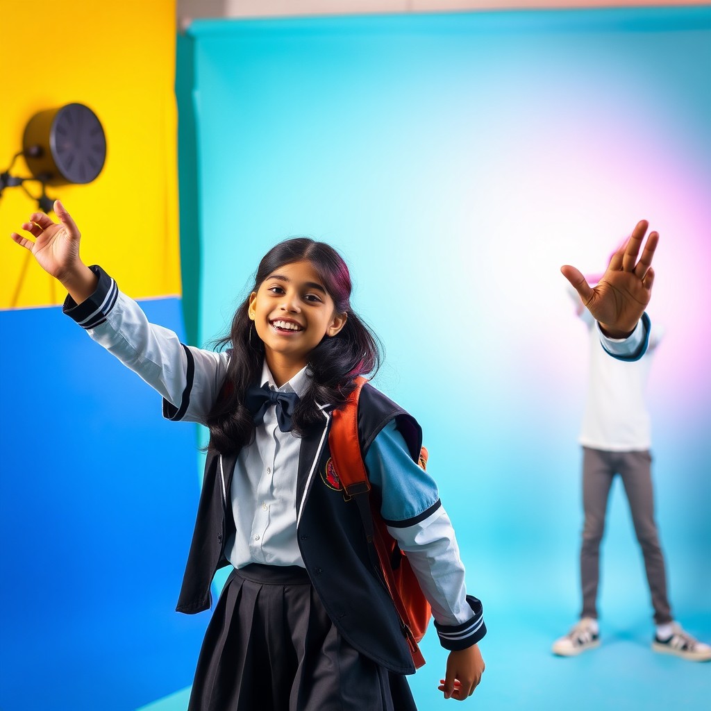 A dynamic photoshoot scene featuring a young Indian girl, around 14 years old, dressed in a stylish school uniform