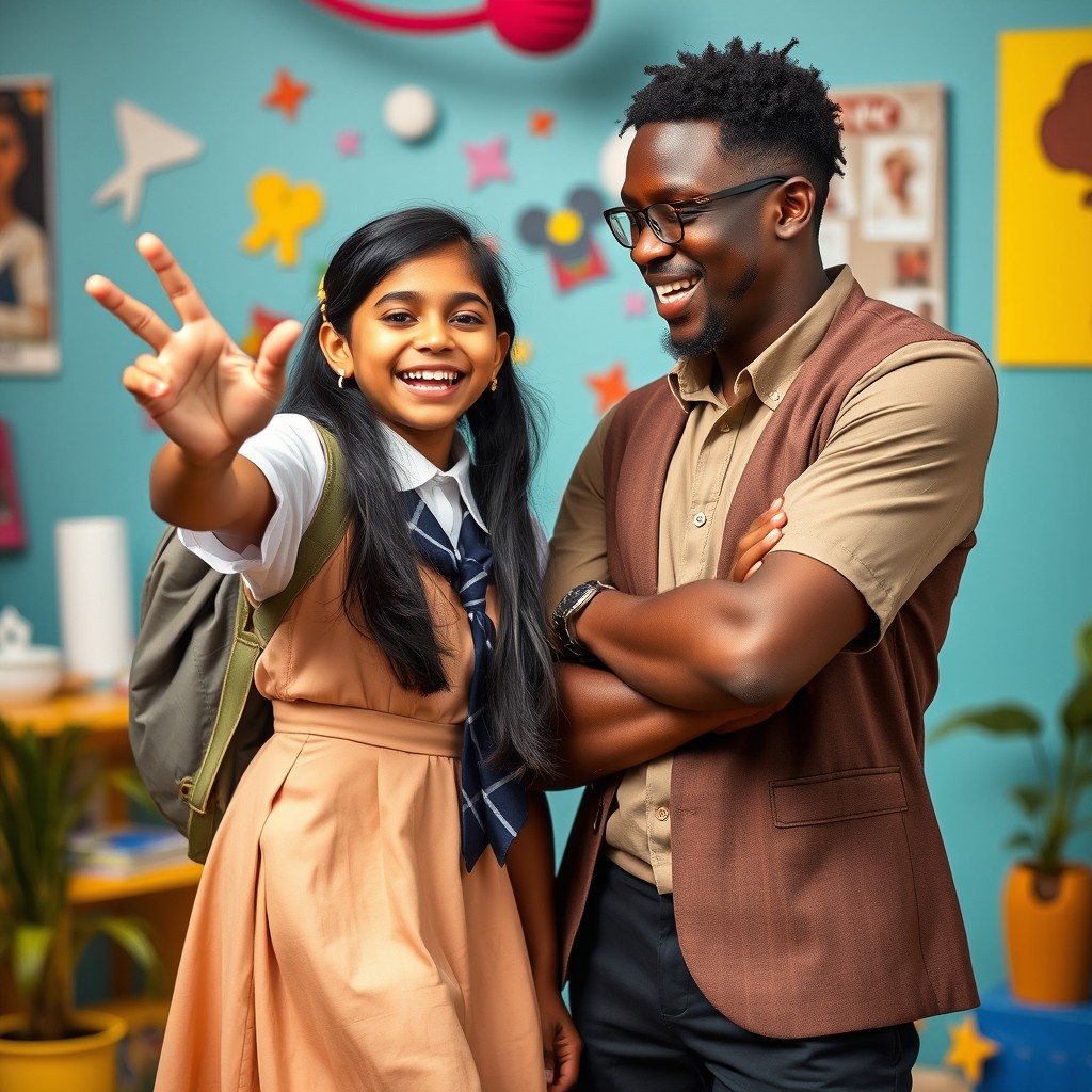 A vibrant and artistic photoshoot scene featuring a young Indian girl around 14 years old, dressed in a charming school outfit