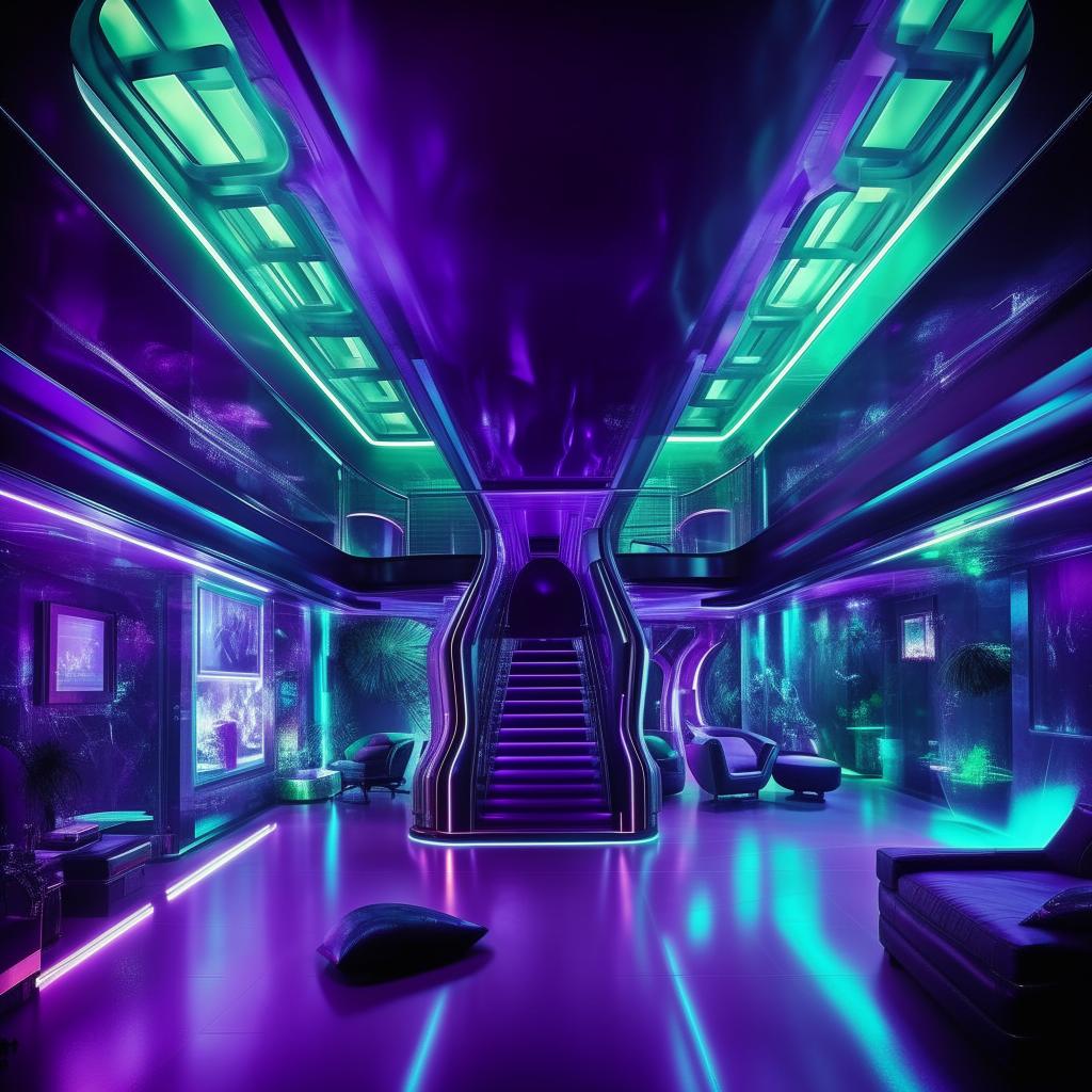 A high-tech modern mansion, testament to an evil billionaire genius. The chilling blues, eerie greens, and intense purples blend into smart design lines. Futuristic gadgets are seamlessly integrated, symbolizing his enormous intellect. The atmosphere vibrates with tangible malevolence and unrestrained rage.