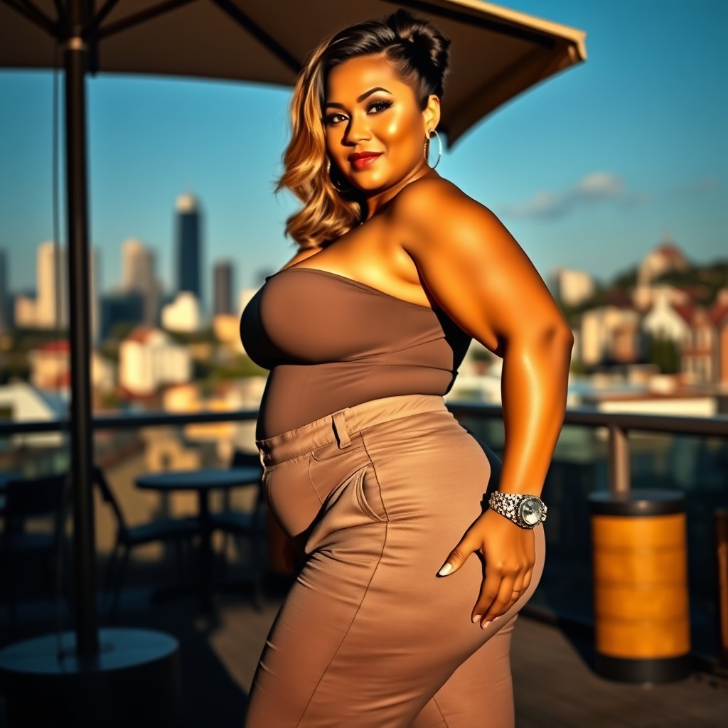 A stunningly fit and curvaceous woman with a big, voluptuous figure, confidently posing in a stylish outdoor setting, showcasing her curves in a fashionable outfit that emphasizes her figure