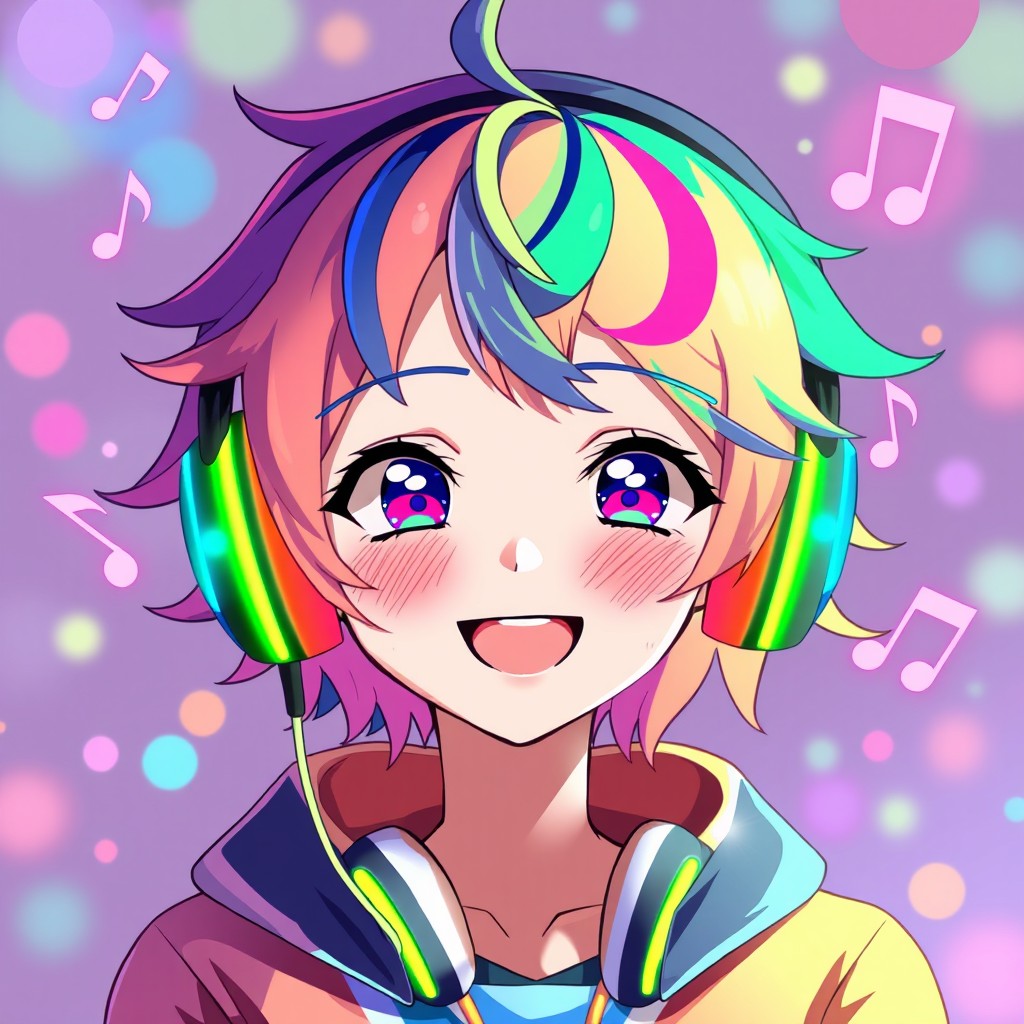 An anime character wearing vibrant headphones, portrayed in a medium shot