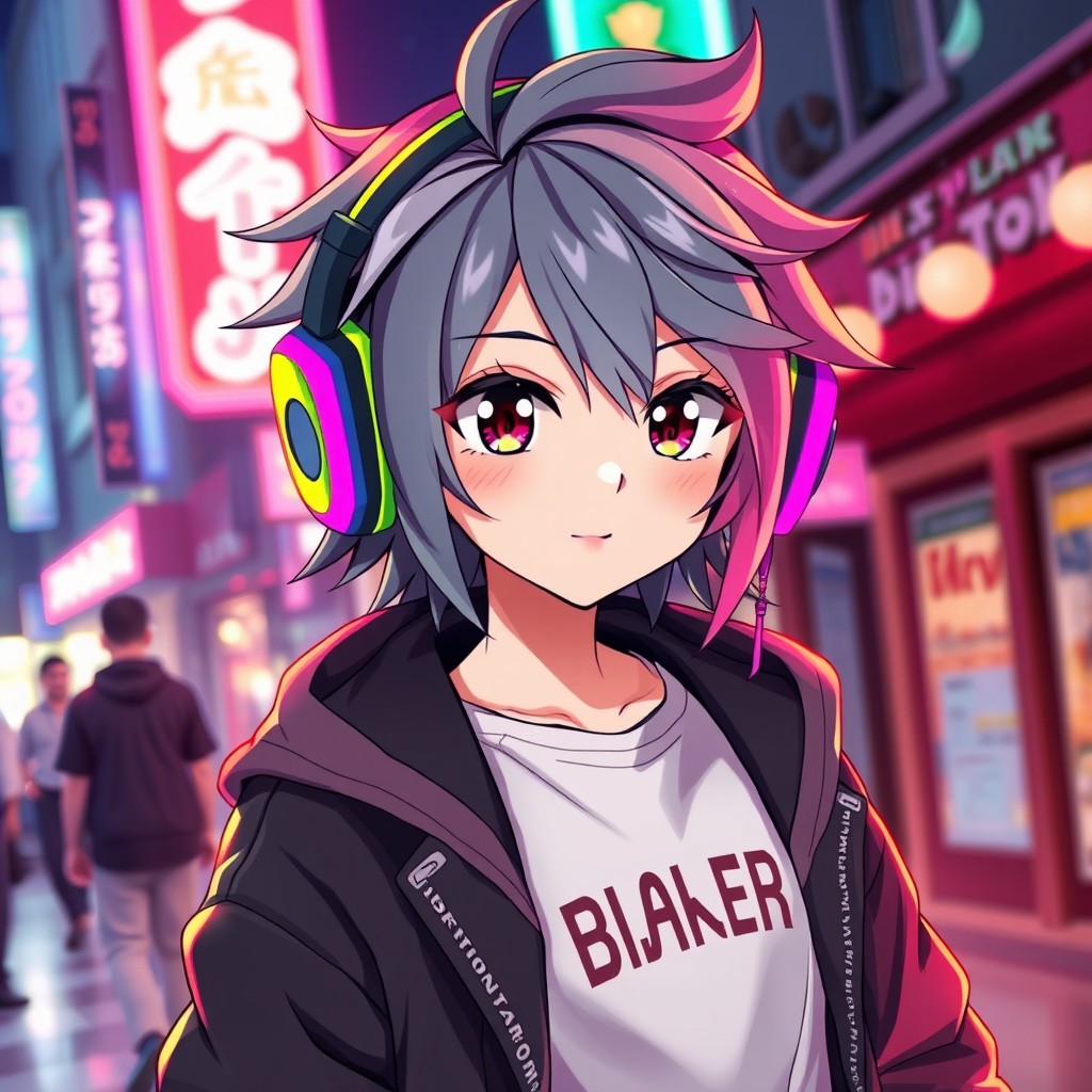A cool anime character wearing headphones, captured in a medium shot