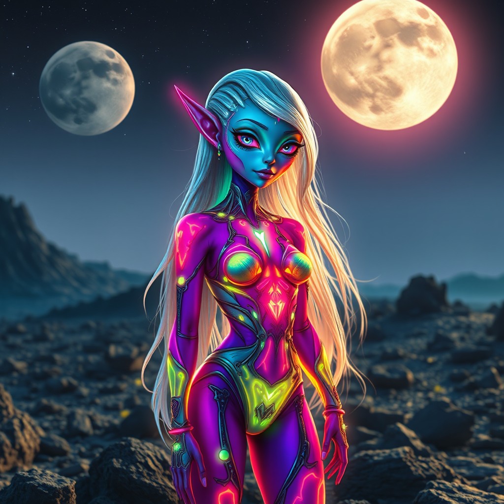 A stunningly beautiful alien female standing on a rocky extraterrestrial landscape, with vibrant neon colors illuminating her skin