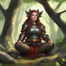 female dwarven druid meditates amid nature wearing her heavy armor while controlling energy around her