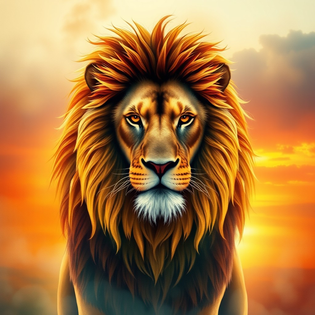 A majestic Lion of Judah, depicted as a powerful and noble creature, showcasing wonderful details in its mane and a calm yet fierce expression