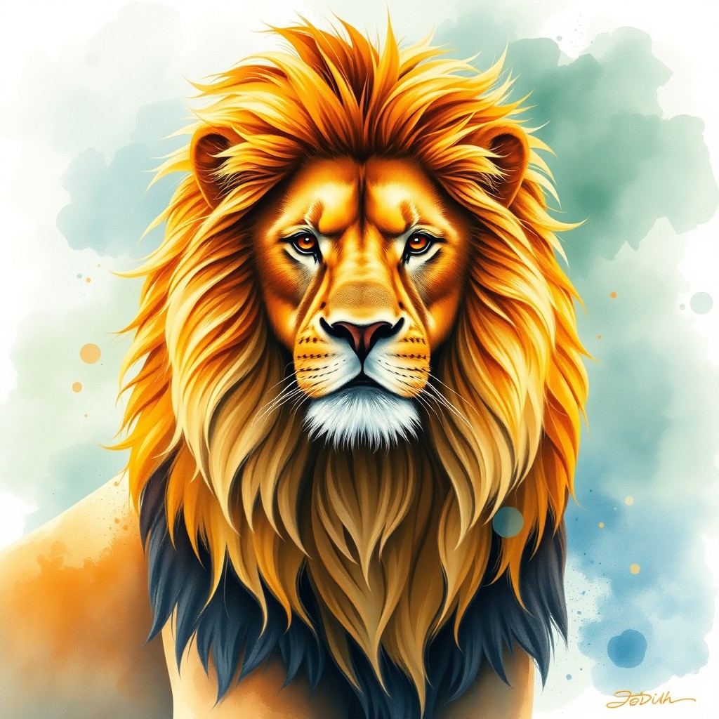 A majestic Lion of Judah, depicted in a detailed watercolor technique, showcasing its regal mane flowing gracefully