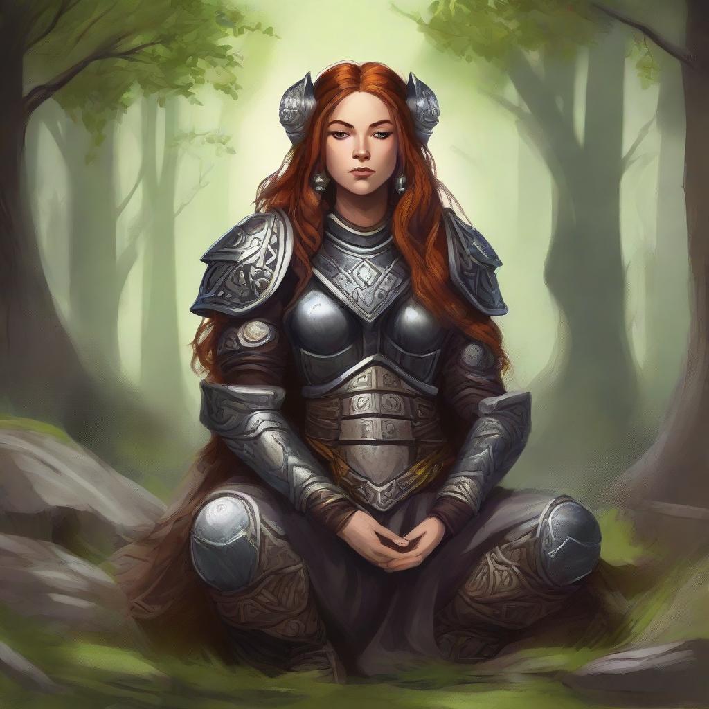 female dwarven druid meditates amid nature wearing her heavy armor while controlling energy around her