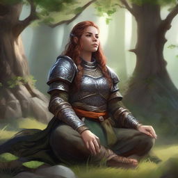 female dwarven druid meditates amid nature wearing her heavy armor while controlling energy around her