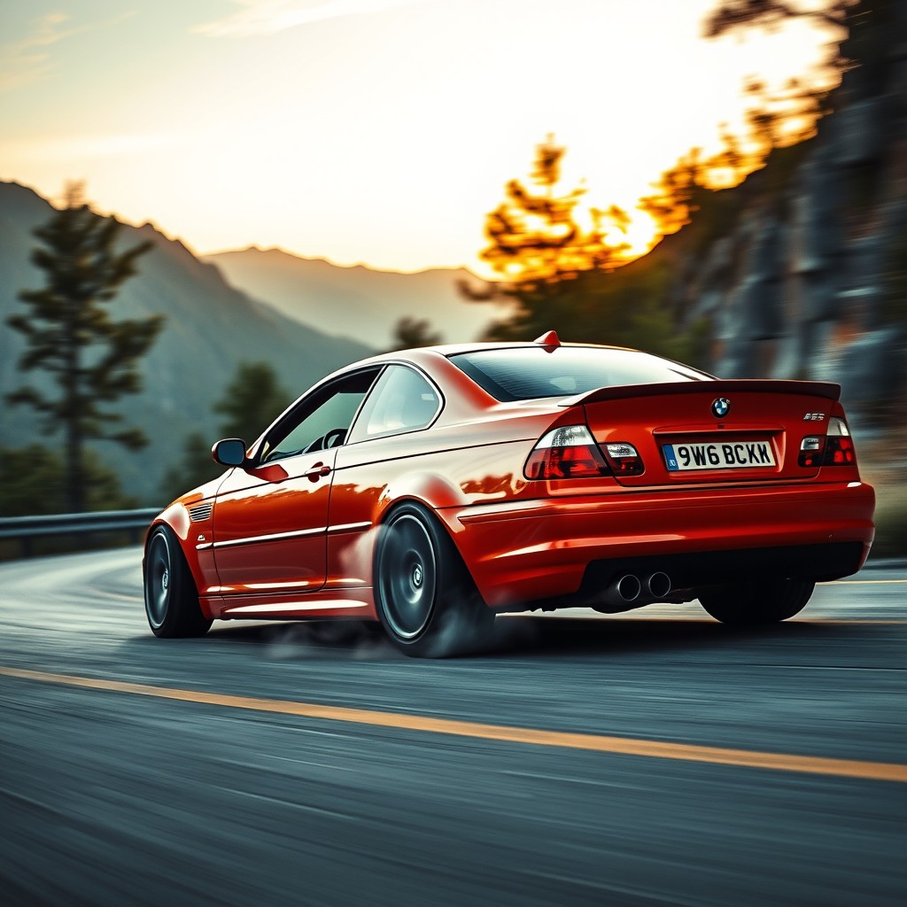 A stunning BMW E46 drifting on a winding mountain road, with tire smoke swirling around the rear tires