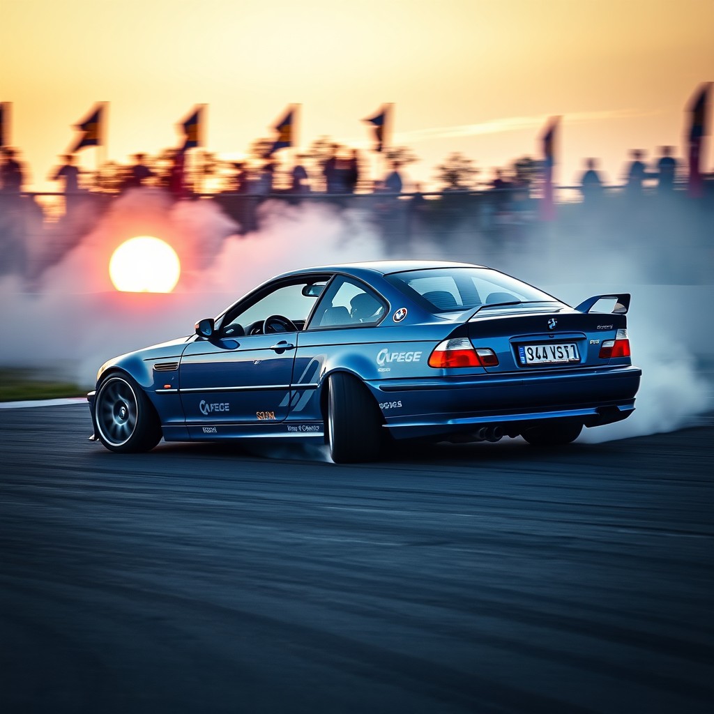 A dynamic and exhilarating scene showcasing an E46 BMW drifting on a racetrack, smoke billowing from the rear tires, and sharp angles created by the aggressive steering